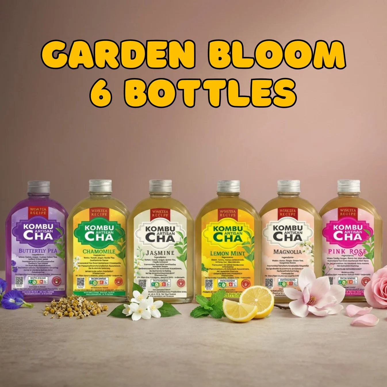 Six bottles of KombuCha with floral flavors on a wooden surface, featuring flowers and herbs.