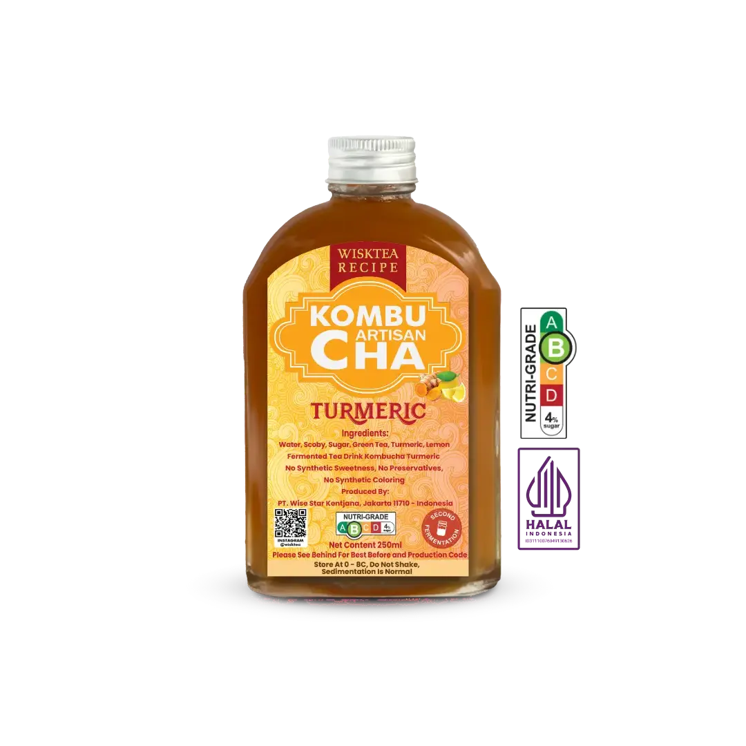 Turmeric kombucha with live cultures and natural turmeric infusion supporting digestive wellness and daily vitality.