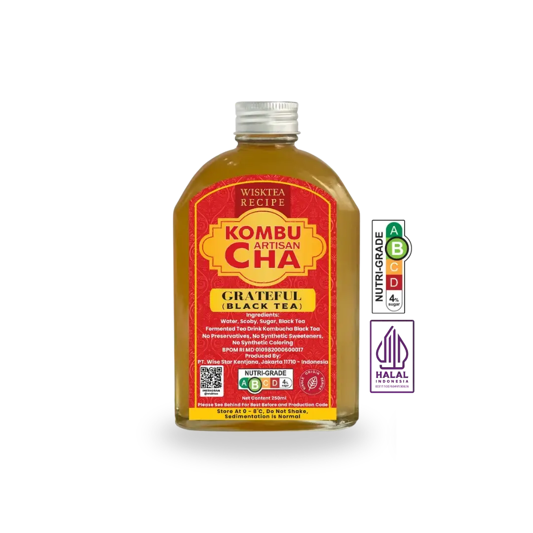 WiskTea Black Tea Kombucha Grateful, a naturally fermented black tea kombucha made with carefully selected ingredients.