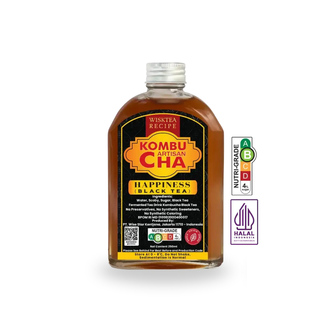WiskTea Black Tea Kombucha Happiness, a naturally fermented black tea kombucha crafted for a refreshing wellness ritual.