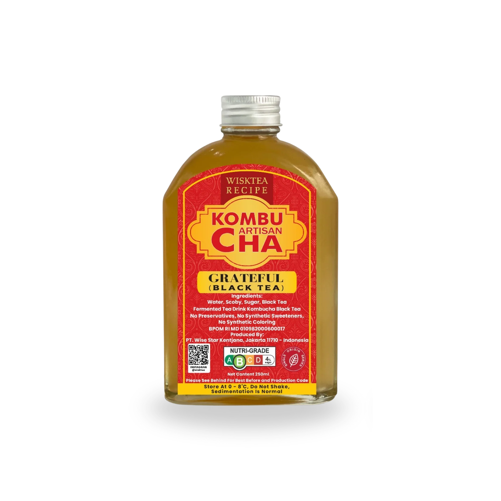 Bottle of Wisktea Recipe Artisan KombuCha Grateful Black Tea with a red label on a white background