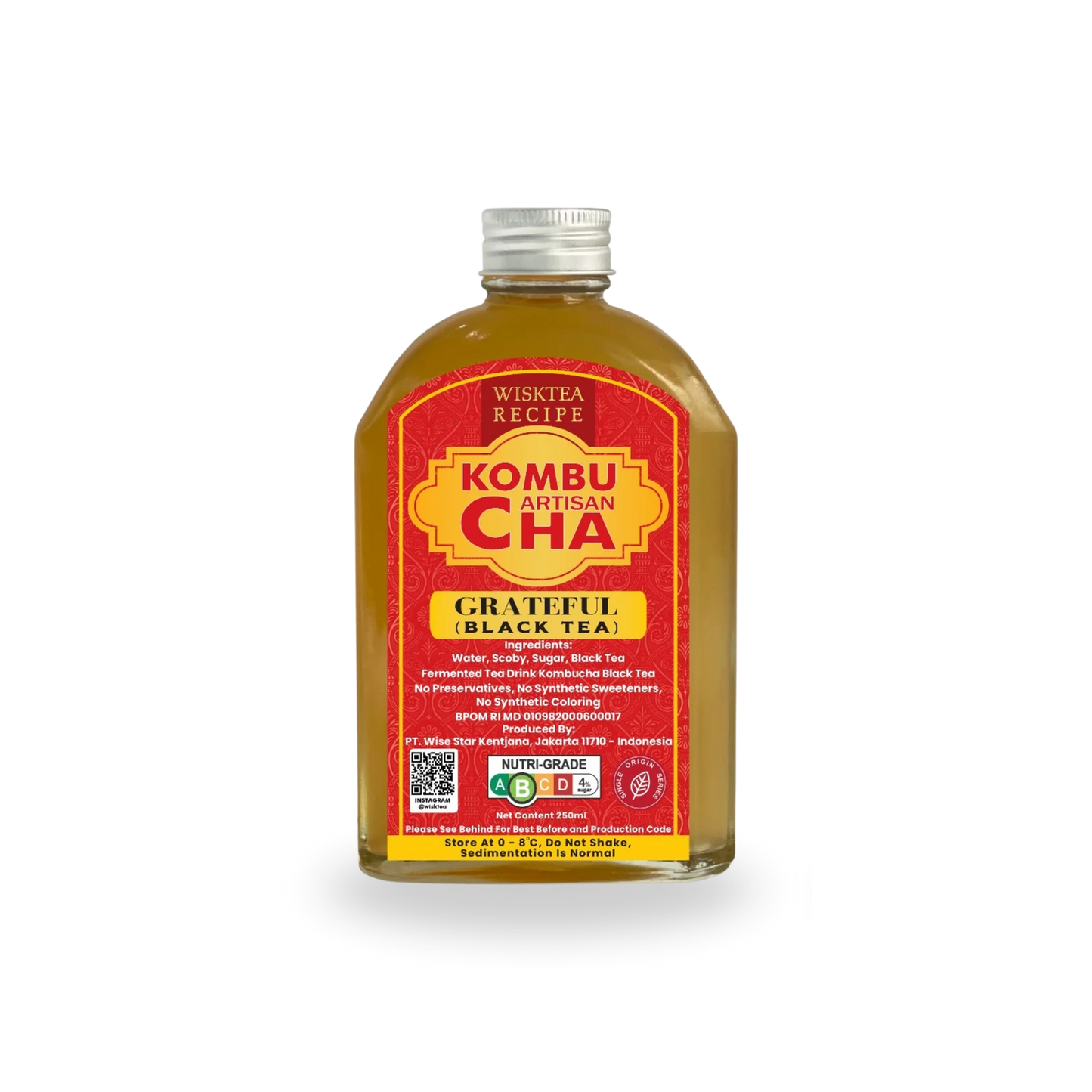 Bottle of Wisktea Recipe Artisan KombuCha Grateful Black Tea with a red label on a white background