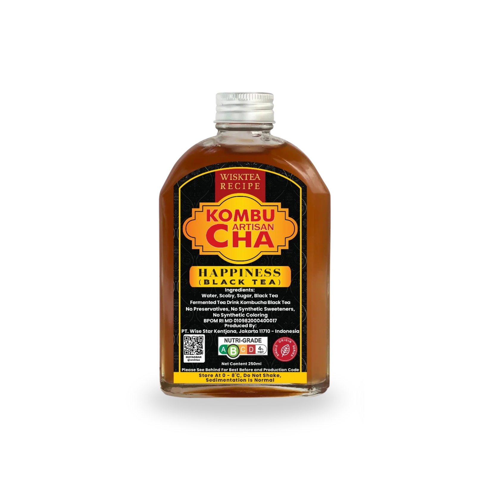 Bottle of Wisktea Recipe Artisan KombuCha Happiness Black Tea on a white background