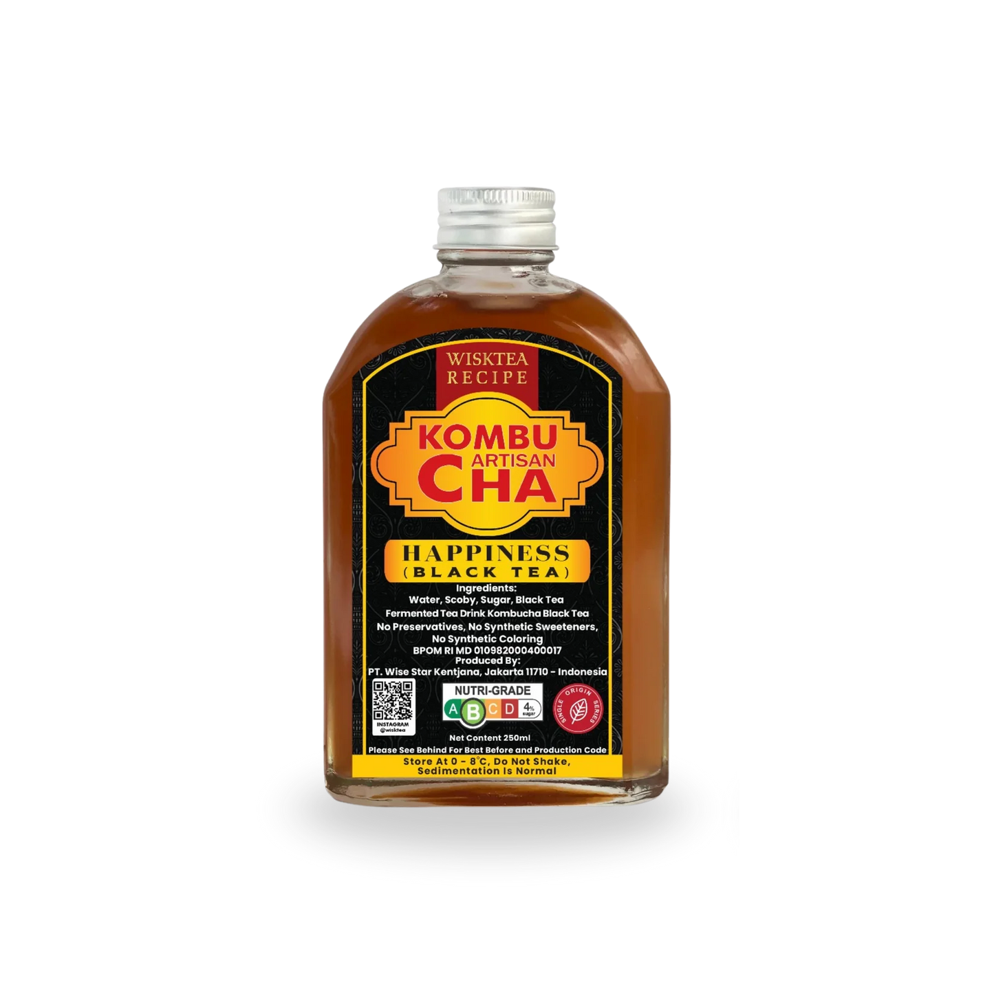 Bottle of Wisktea Recipe Artisan KombuCha Happiness Black Tea on a white background