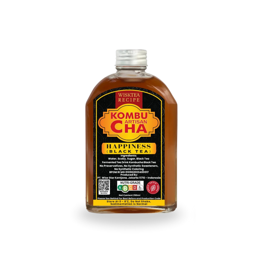 Bottle of Wisktea Recipe Artisan KombuCha Happiness Black Tea on a white background