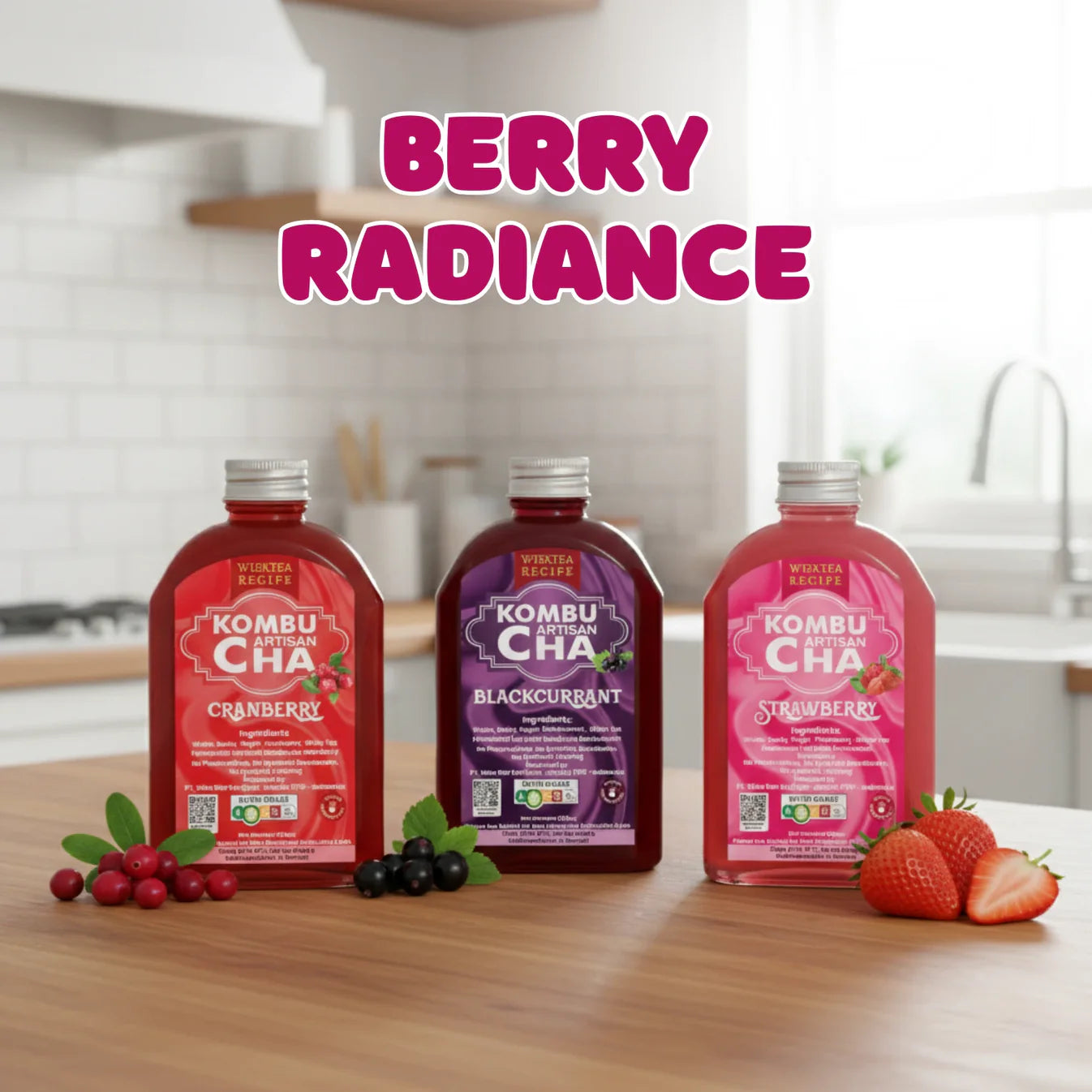 Three bottles of berry series KombuCha with berry ingredients on a kitchen counter, labeled 'Berry Radiance'.
