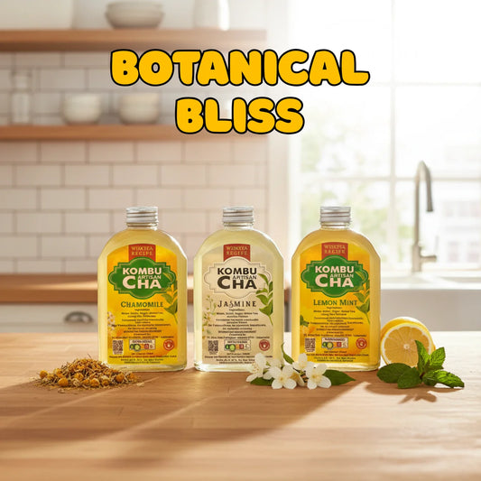 Three bottles of botanical series KombuCha on a kitchen counter with 'Botanical Bliss' text above.