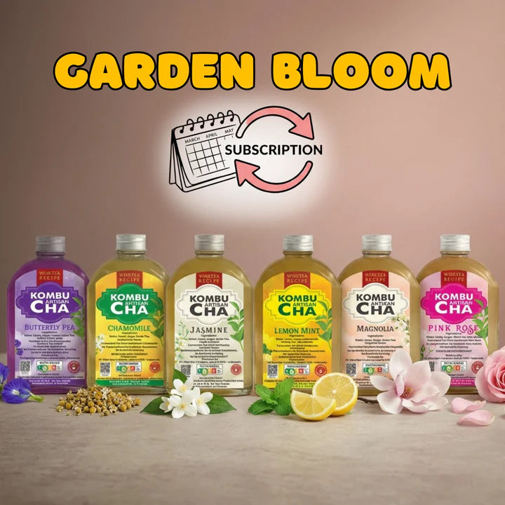 KombuCha bottles with various botanical flavors on a wooden surface, featuring the 'Garden Bloom' subscription service.