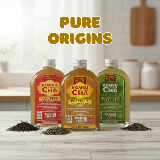 Three bottles of tea series KombuCha on a wooden surface with 'Pure Origins' text above.