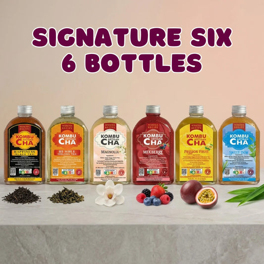 Six bottles of KombuCha with various flavors on a neutral background