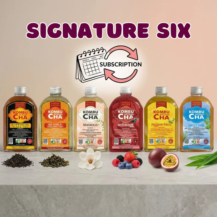 KombuCha bottles with various flavors on a neutral background, featuring the Signature Six subscription logo.