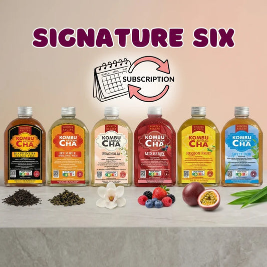 KombuCha bottles with various flavors on a neutral background, featuring the Signature Six subscription logo.