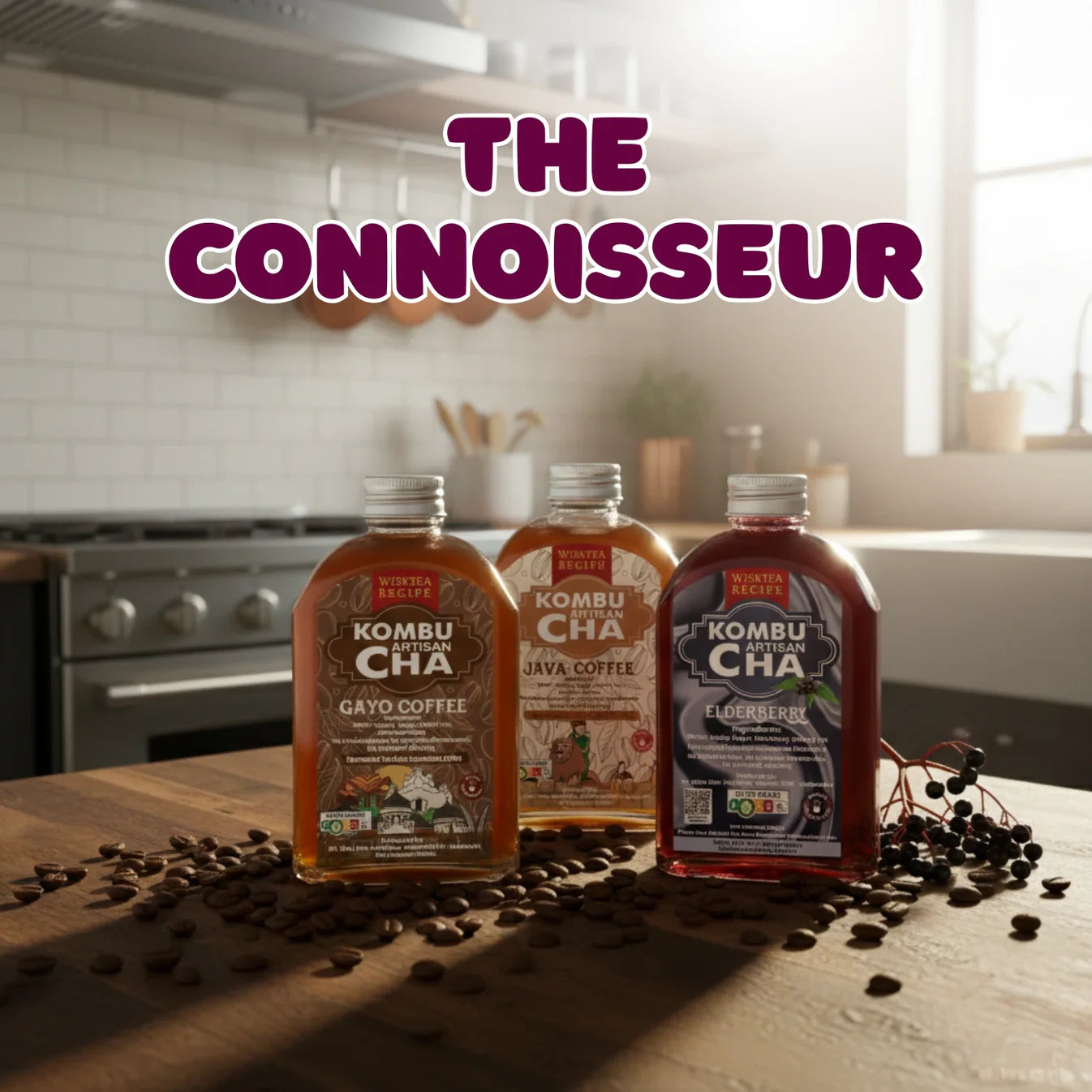 Three bottles of special series KombuCha on a kitchen counter with 'The Connoisseur' text above.