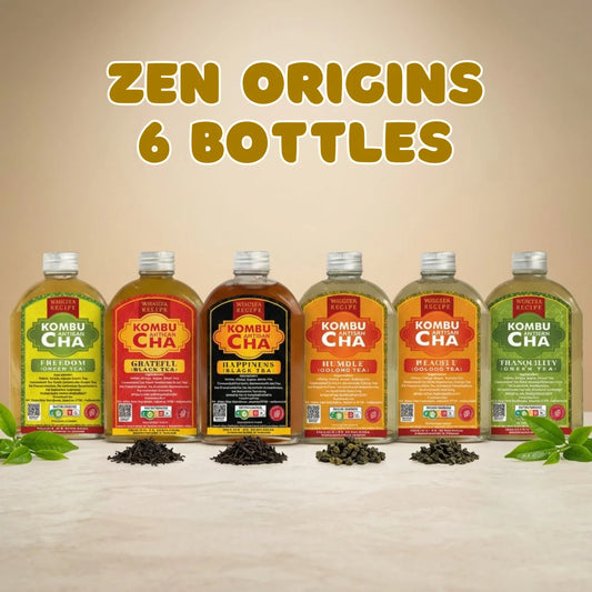 Six bottles of Tea Series KombuCha with labels on a beige background, labeled 'Zen Origins'.