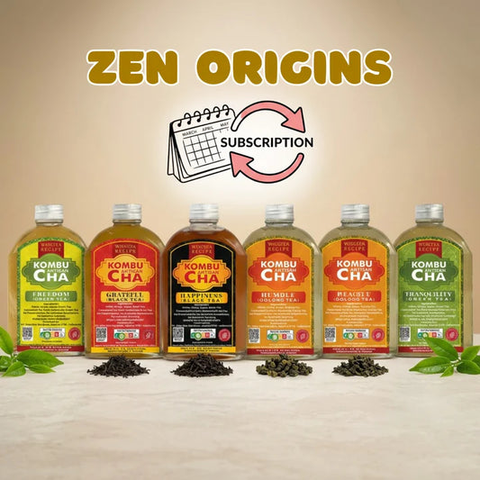 KombuCha bottles with 'Zen Origins' branding and various original tea flavors with subscription offer on a beige background.