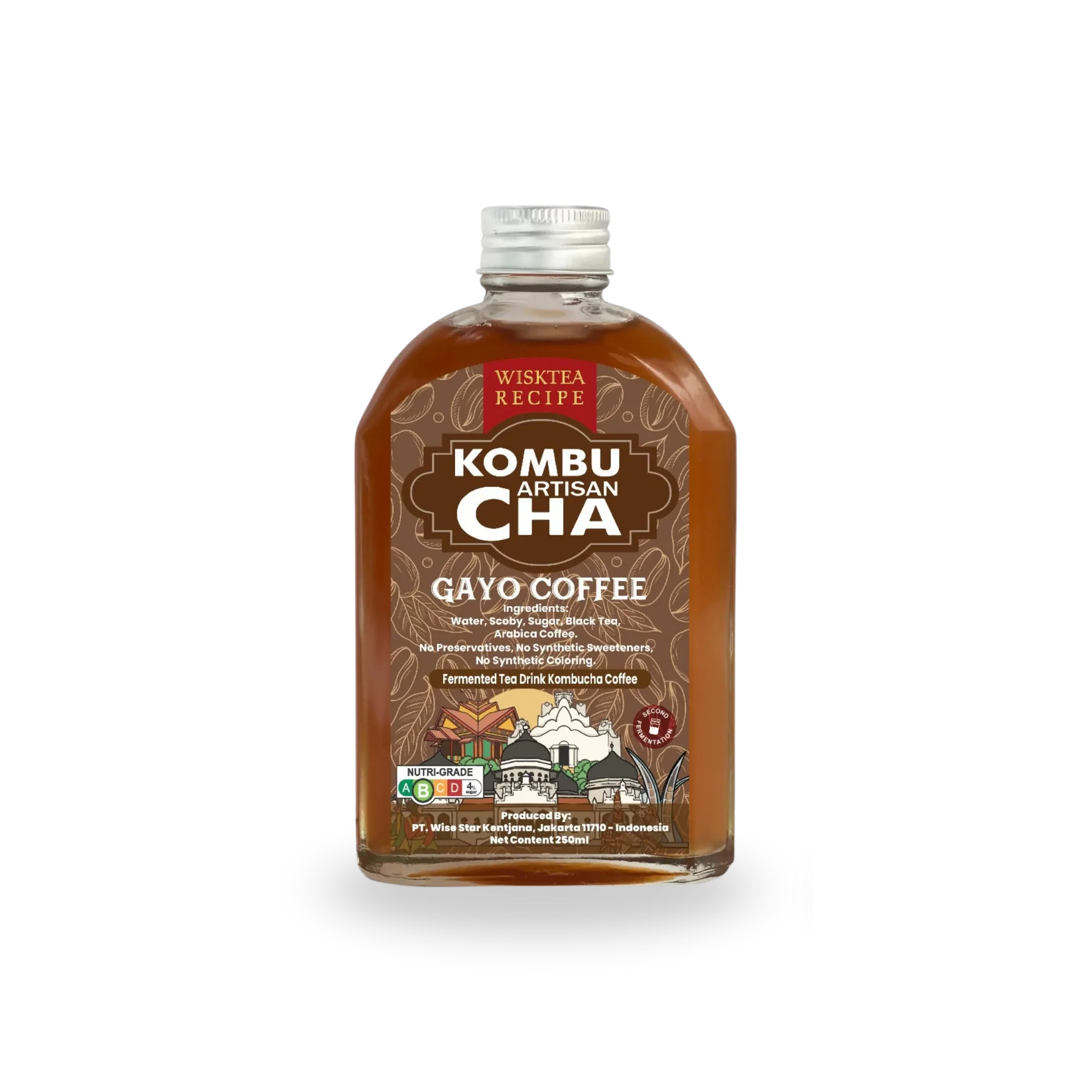 Bottle of Wisktea Recipe Artisan KombuCha Gayo Coffee on a white background
