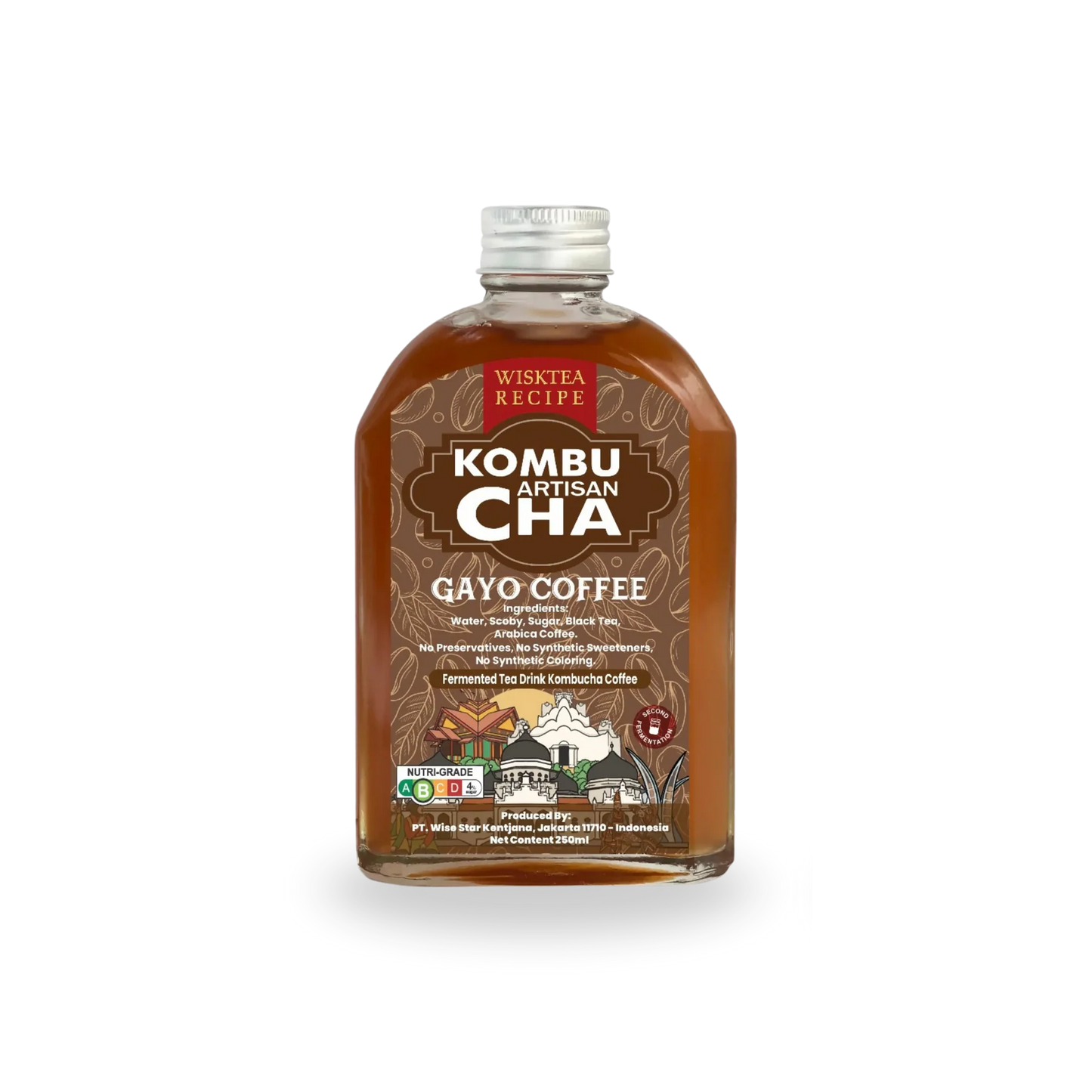 Bottle of Wisktea Recipe Artisan KombuCha Gayo Coffee on a white background