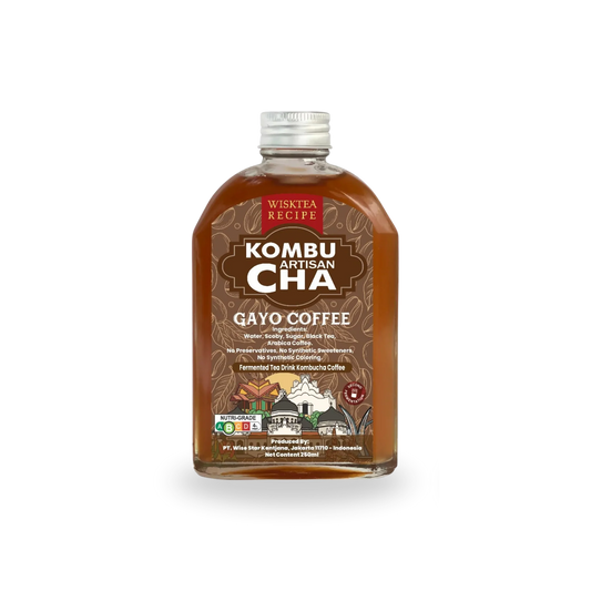 Bottle of Wisktea Recipe Artisan KombuCha Gayo Coffee on a white background