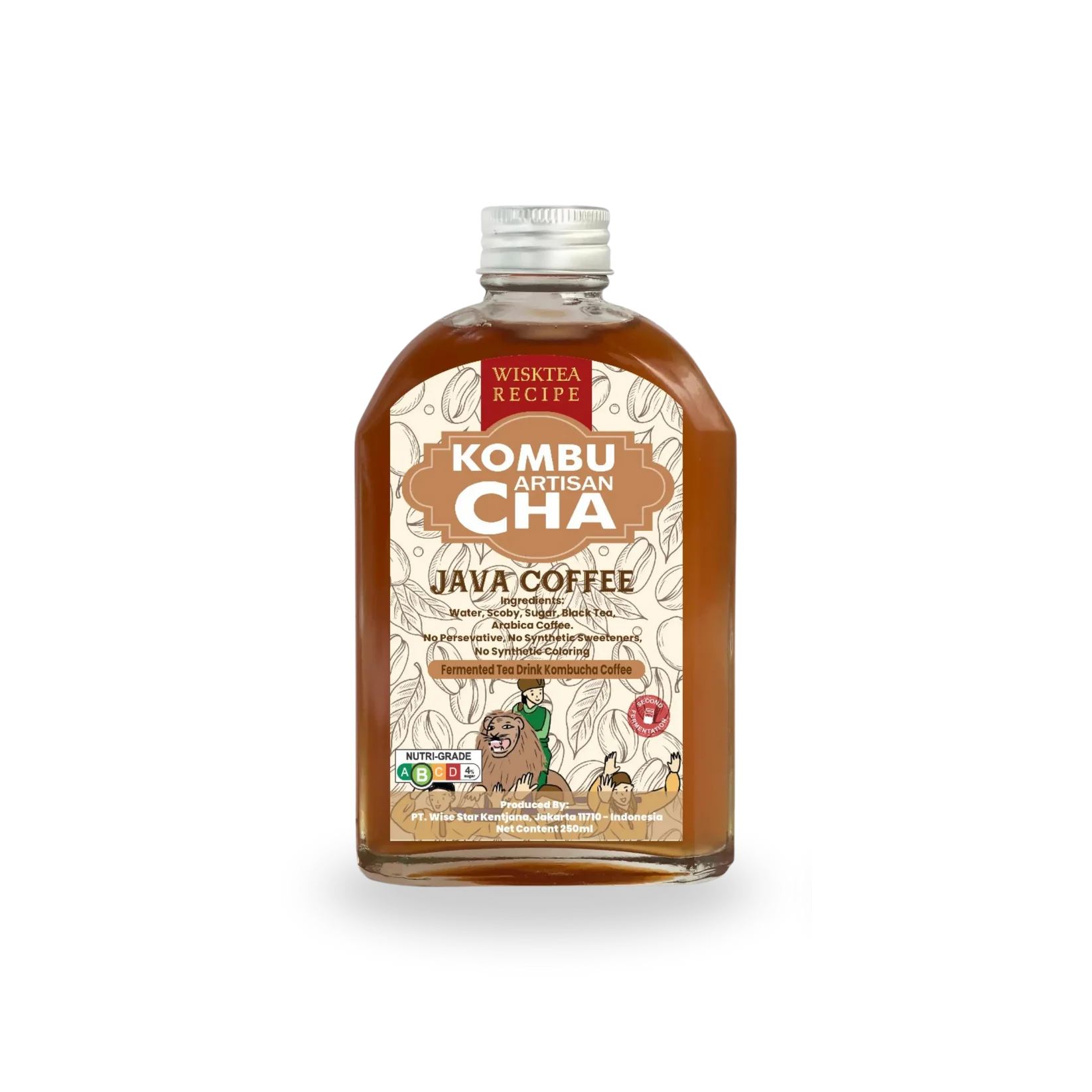 Bottle of Wisktea Recipe Artisan KombuCha Java Coffee on a white background