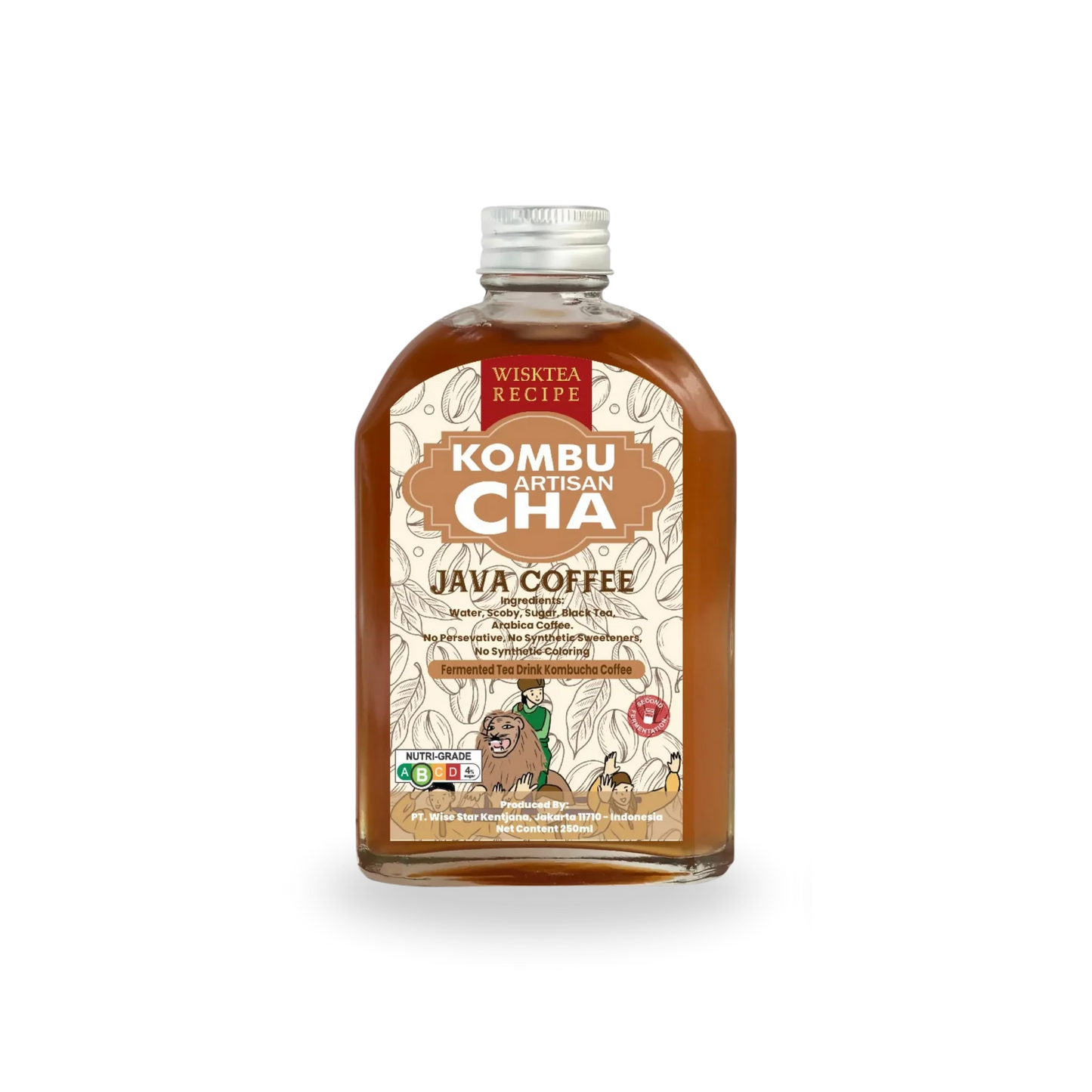 Bottle of Wisktea Recipe Artisan KombuCha Java Coffee on a white background