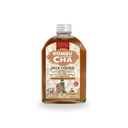 Bottle of Wisktea Recipe Artisan KombuCha Java Coffee on a white background