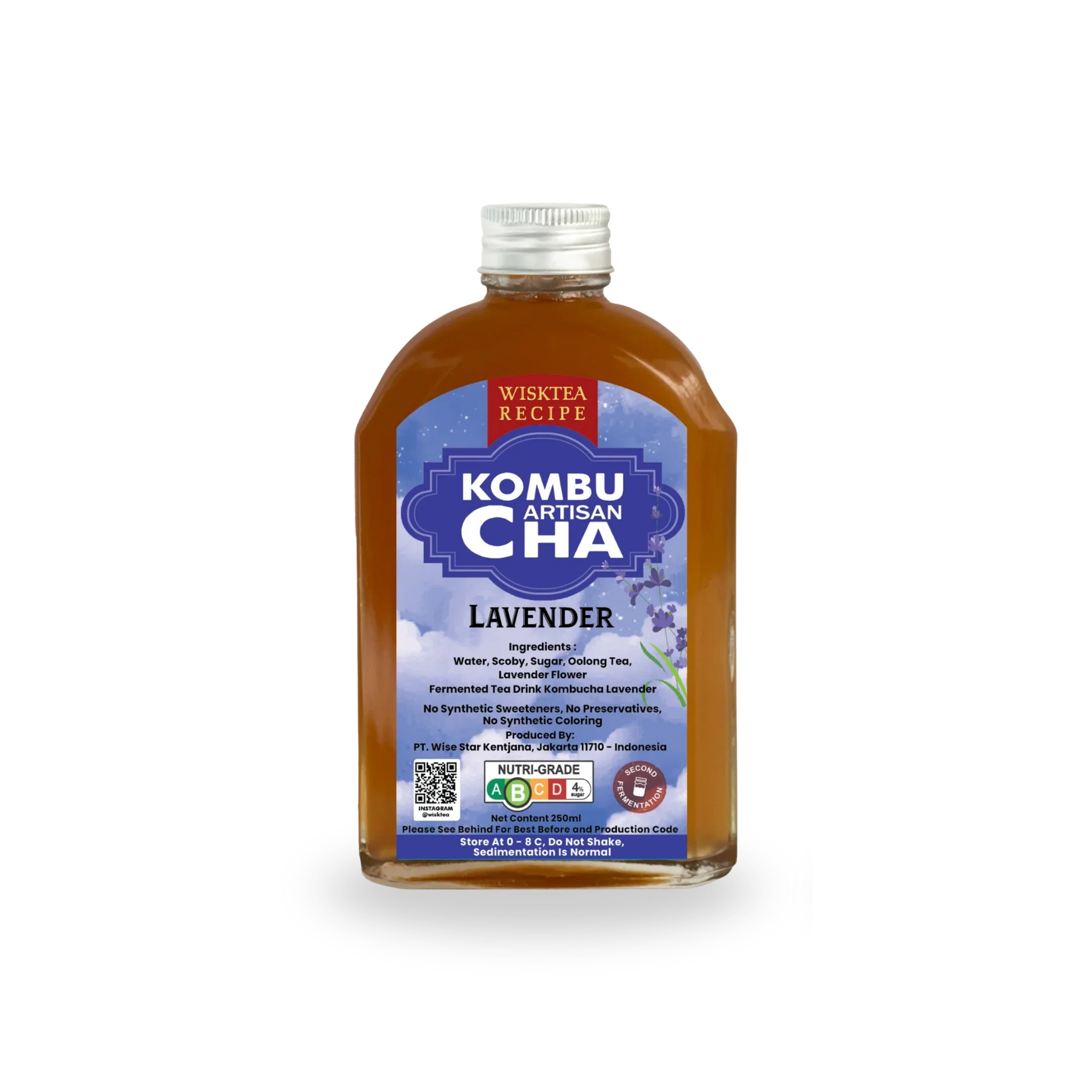 Bottle of Wisktea Recipe Artisan KombuCha Lavender on a white background