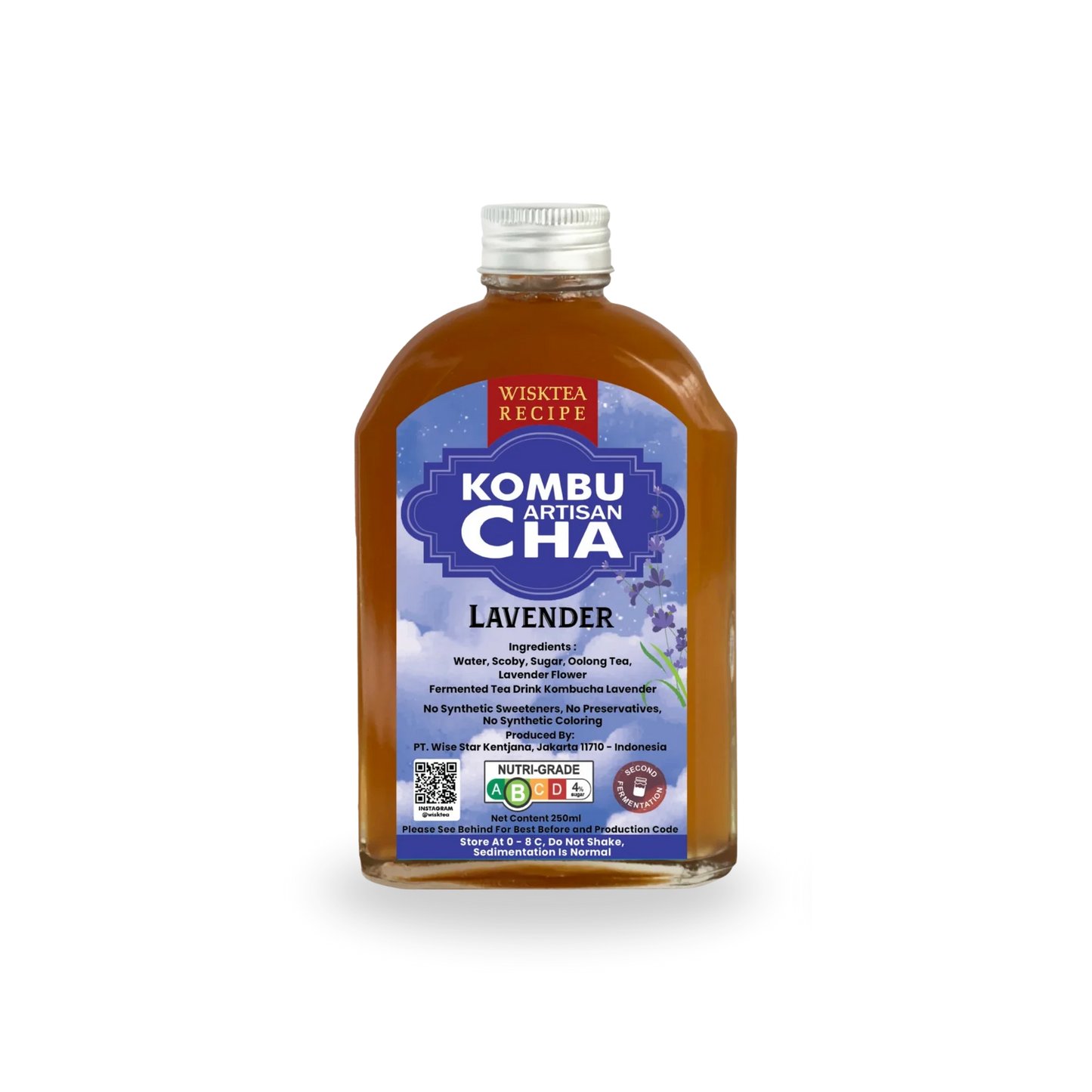Bottle of Wisktea Recipe Artisan KombuCha Lavender on a white background