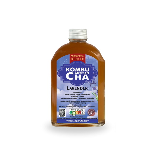 WiskTea Lavender Kombucha, a naturally fermented floral kombucha featuring fragrant lavender notes.