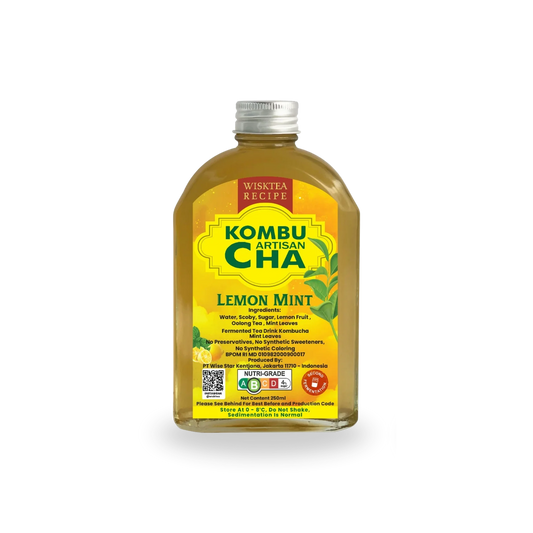 WiskTea Lemon Mint Kombucha, a naturally fermented kombucha with refreshing lemon and mint flavours.