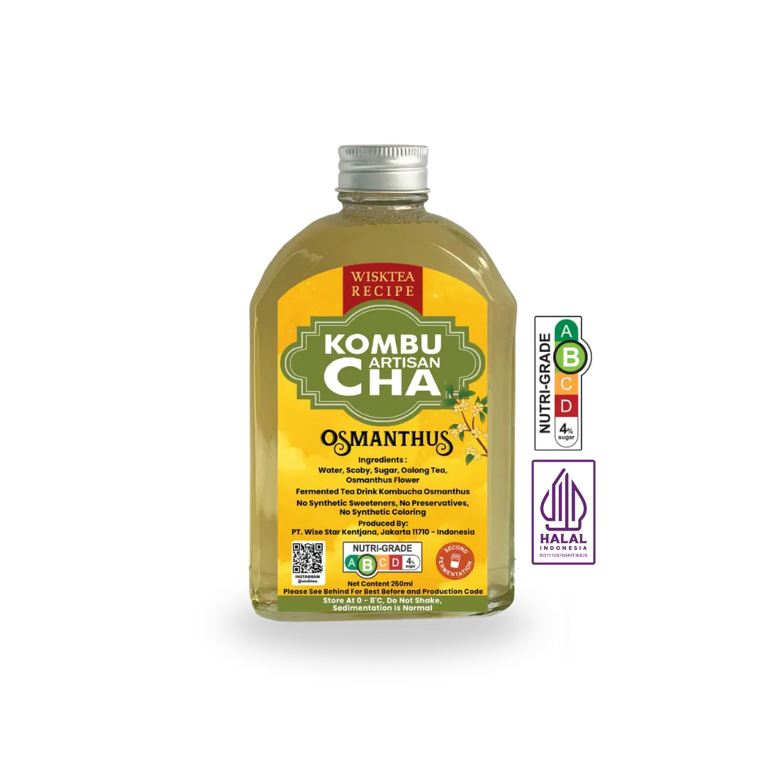 Osmanthus kombucha with live cultures and delicate floral notes supporting gut health and digestive wellness.