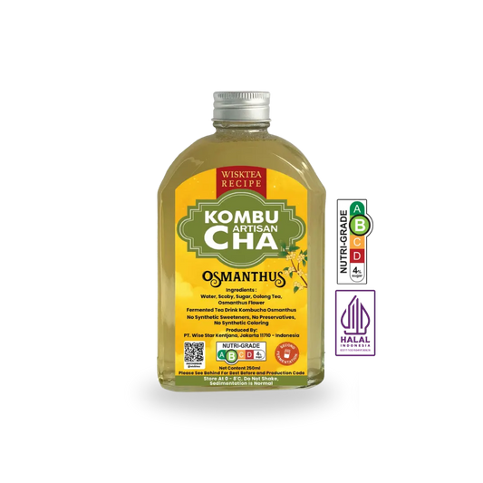 Osmanthus kombucha with live cultures and delicate floral notes supporting gut health and digestive wellness.