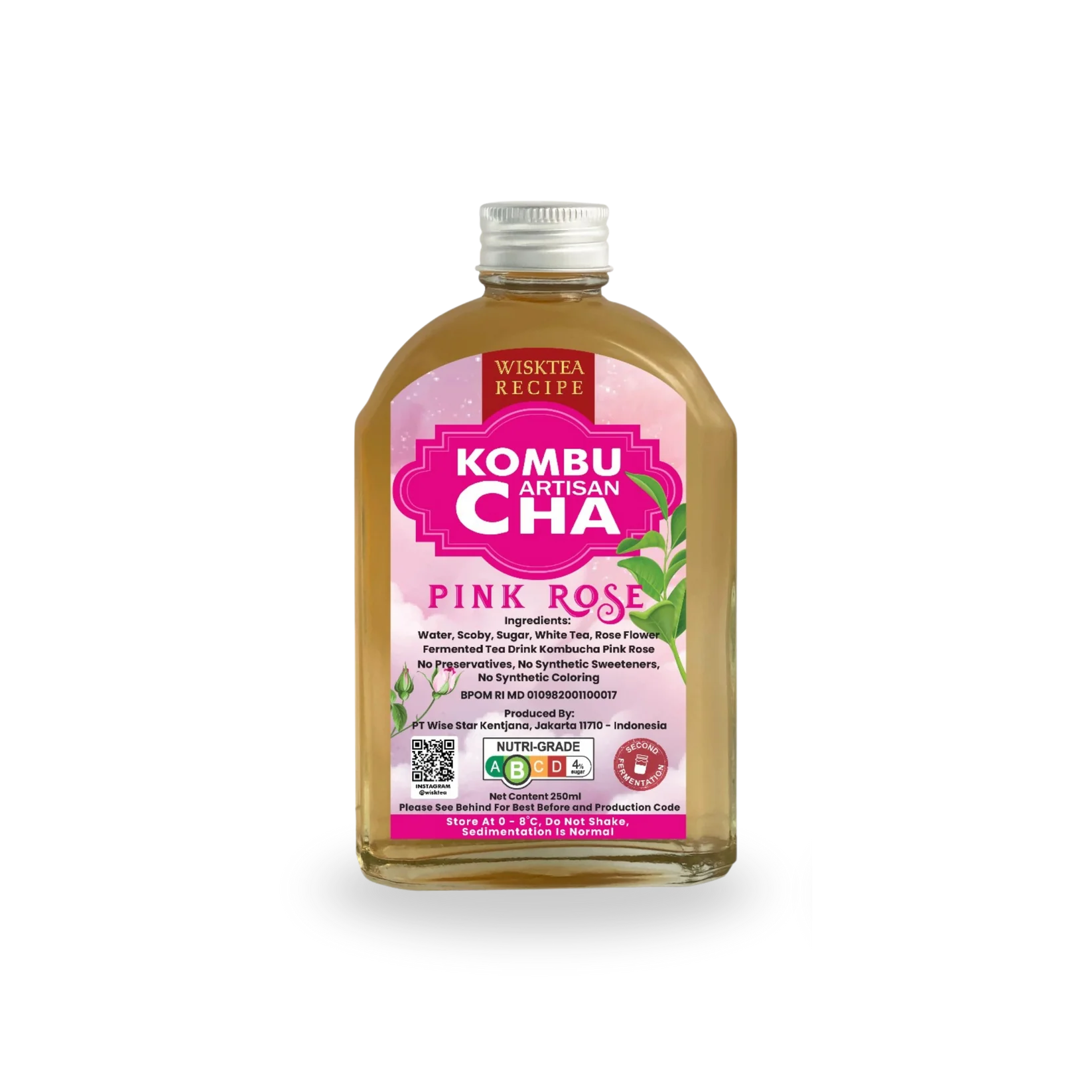 Bottle of Wisktea Recipe Artisan KombuCha Pink Rose on a white background 