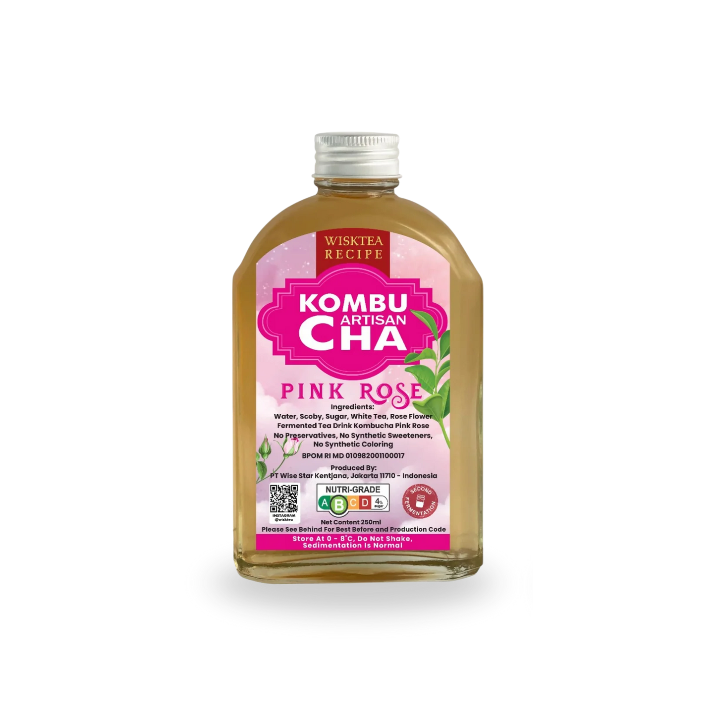 Bottle of Wisktea Recipe Artisan KombuCha Pink Rose on a white background 