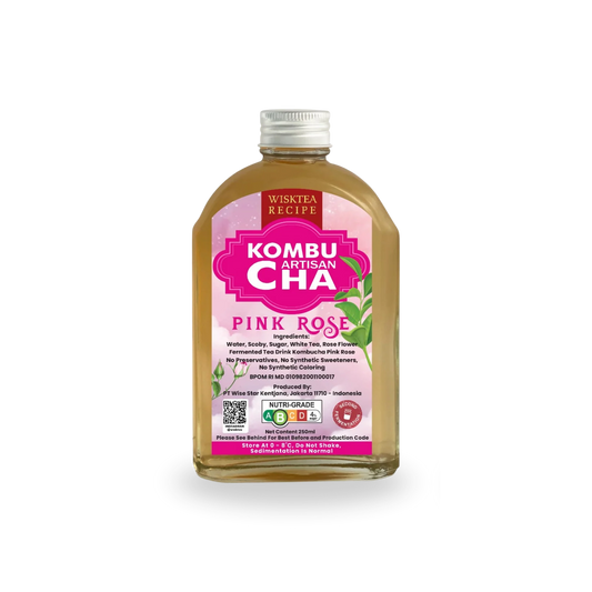WiskTea Pink Rose Kombucha, a naturally fermented floral kombucha infused with delicate rose flavours.