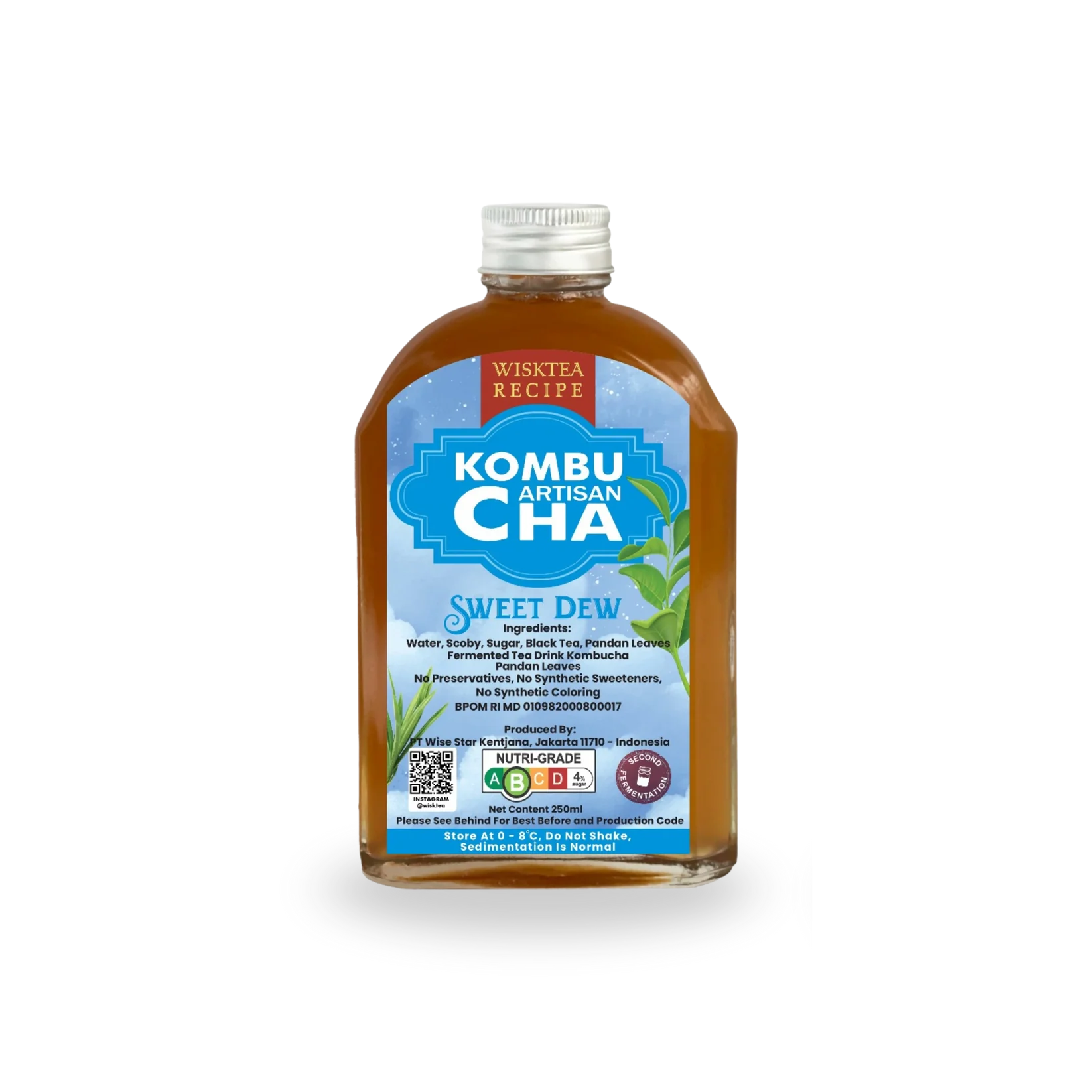 Bottle of Wisktea Recipe Artisan KombuCha Sweet Dew with a visible label on a white background