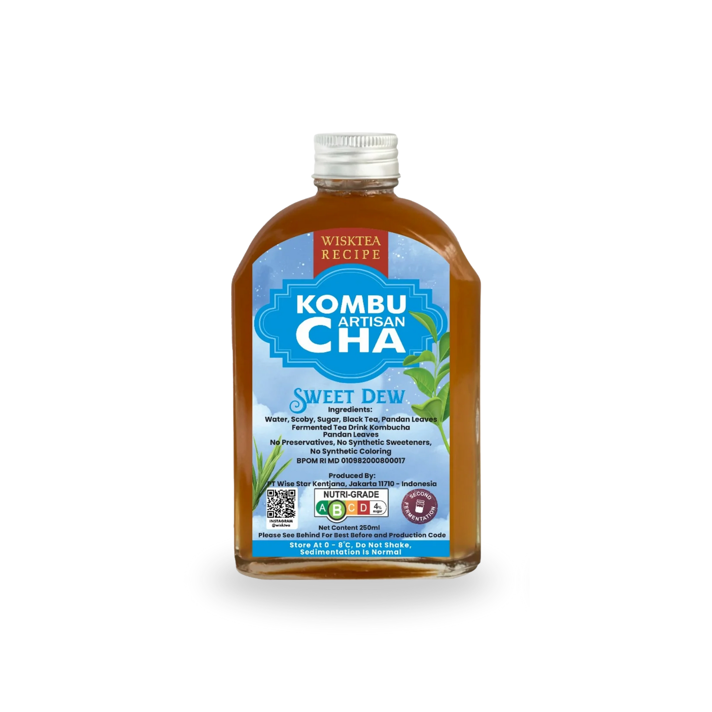 Bottle of Wisktea Recipe Artisan KombuCha Sweet Dew with a visible label on a white background
