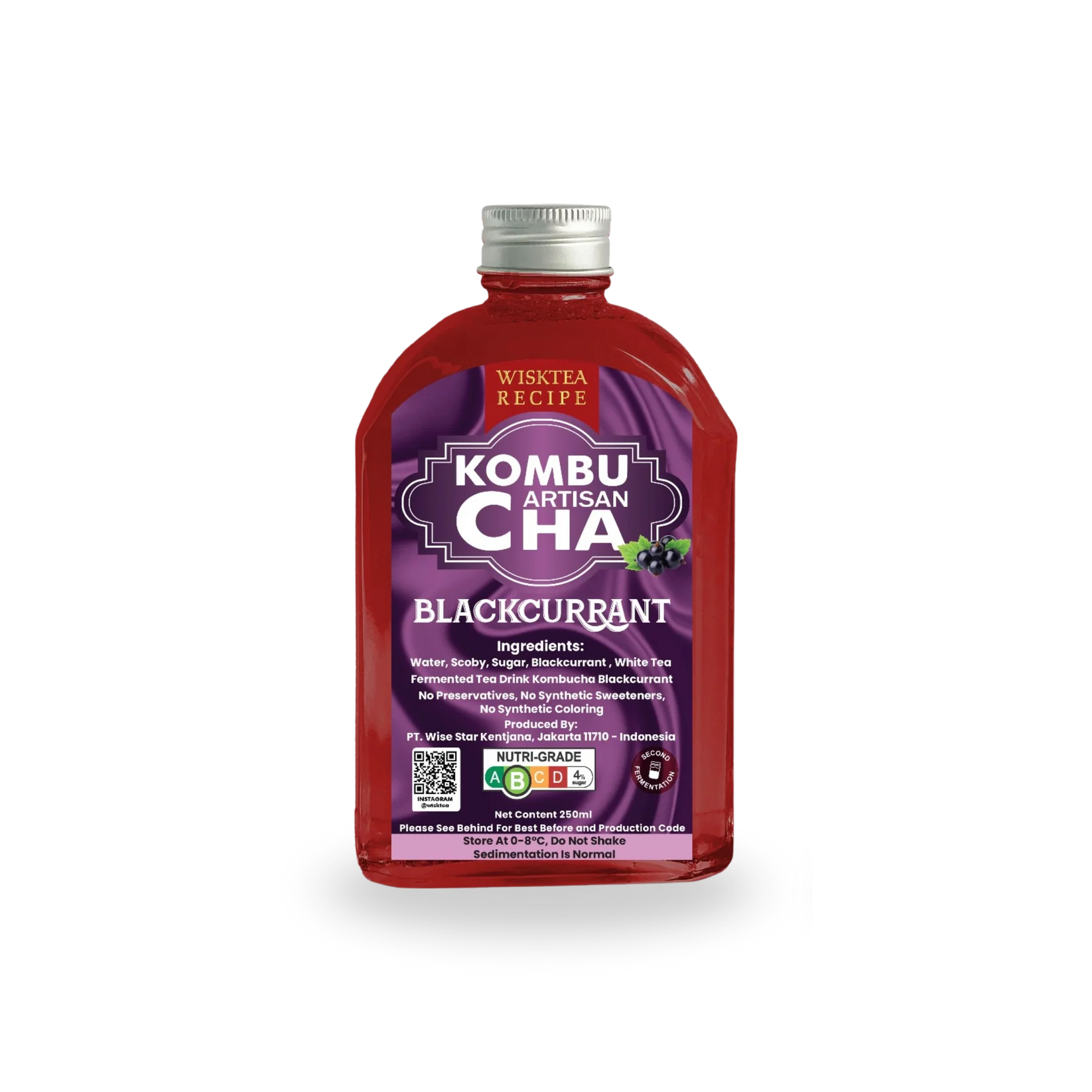 Bottle of Wisktea Recipe Artisan KombuCha Blackcurrant on a white background
