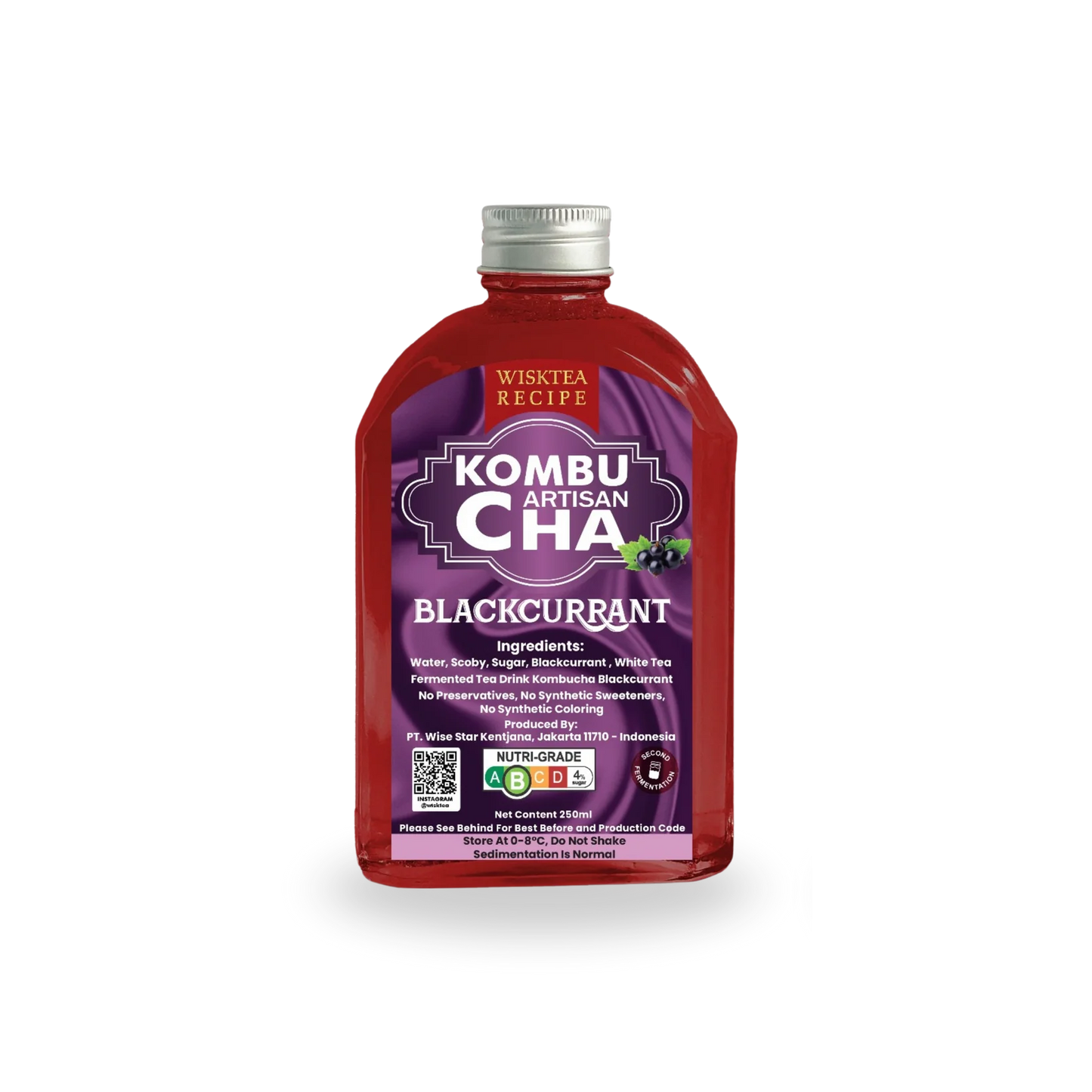 Bottle of Wisktea Recipe Artisan KombuCha Blackcurrant on a white background
