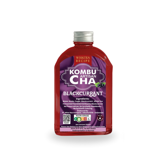 Bottle of Wisktea Recipe Artisan KombuCha Blackcurrant on a white background