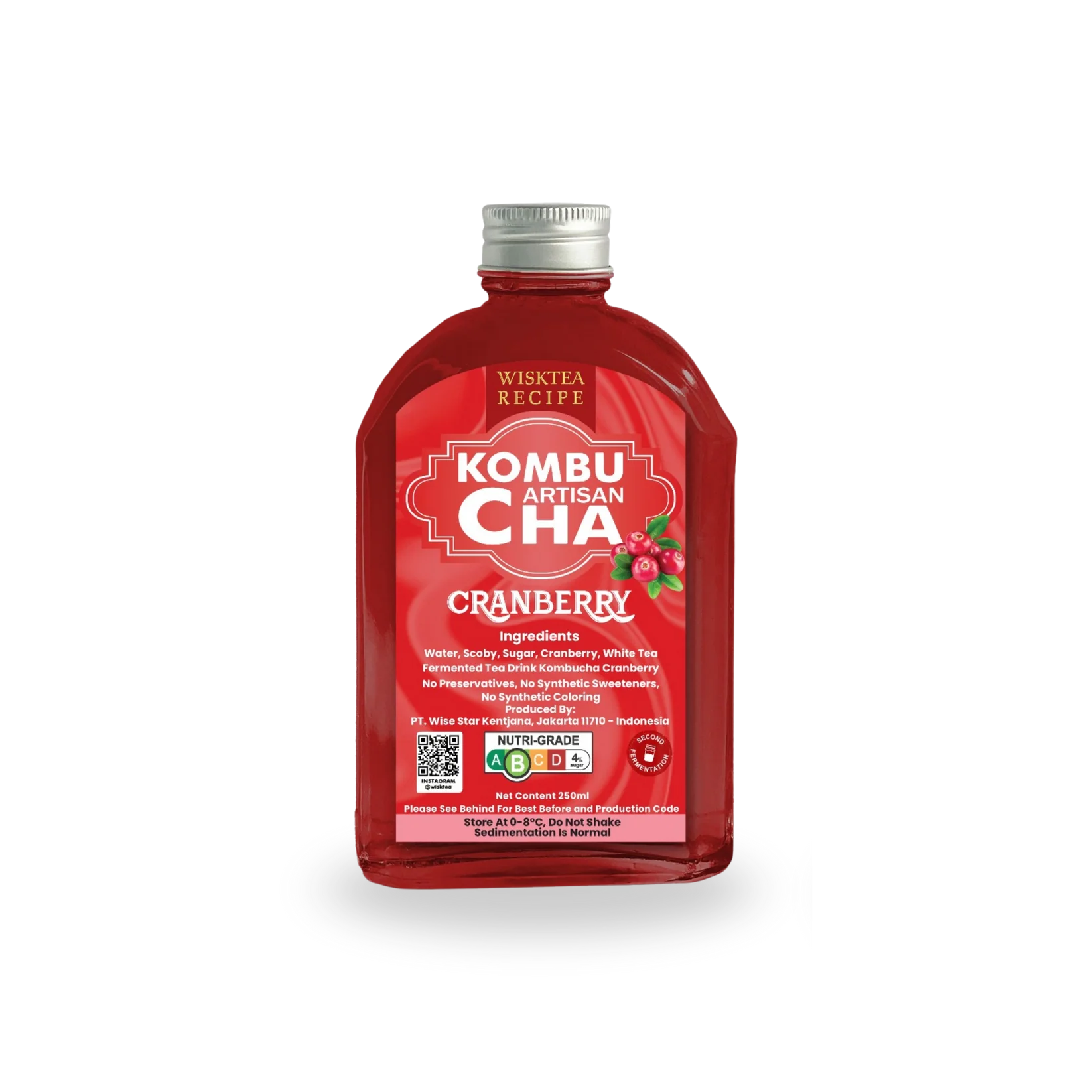 Bottle of Wisktea Recipe Artisan KombuCha Cranberry on a white background