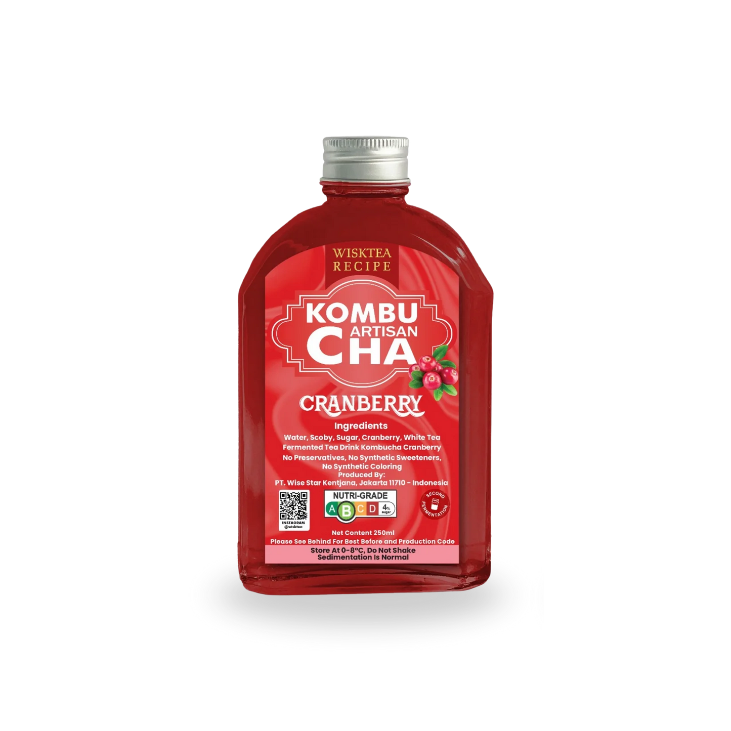 Bottle of Wisktea Recipe Artisan KombuCha Cranberry on a white background