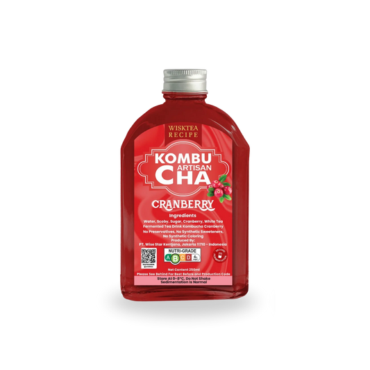 Bottle of Wisktea Recipe Artisan KombuCha Cranberry on a white background