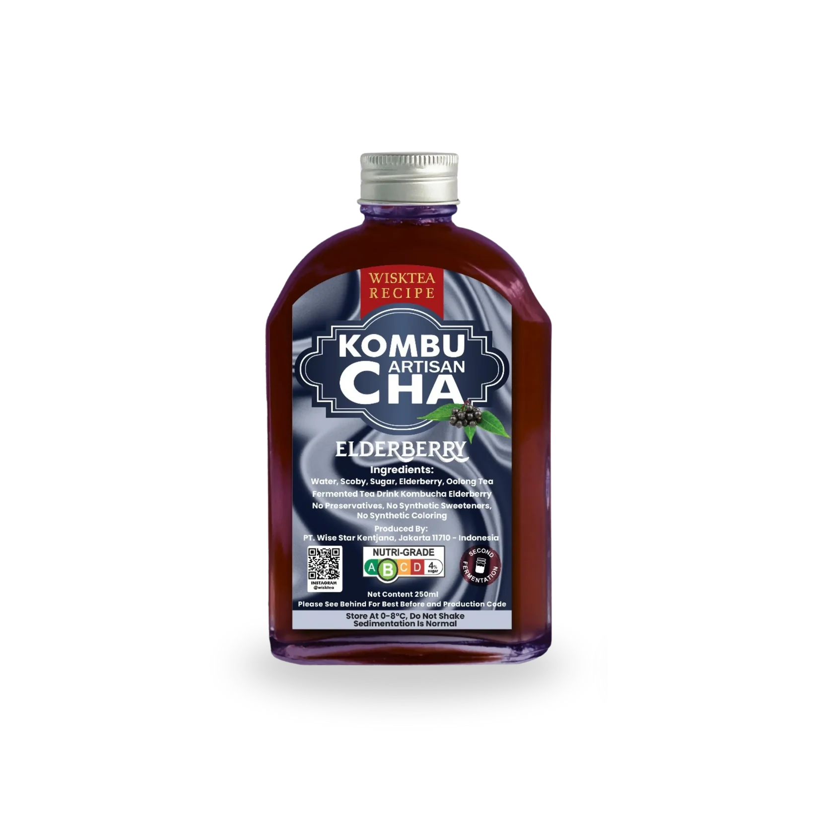 Bottle of Wisktea Recipe Artisan KombuCha Elderberry on a white background
