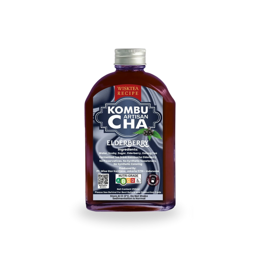 Bottle of Wisktea Recipe Artisan KombuCha Elderberry on a white background