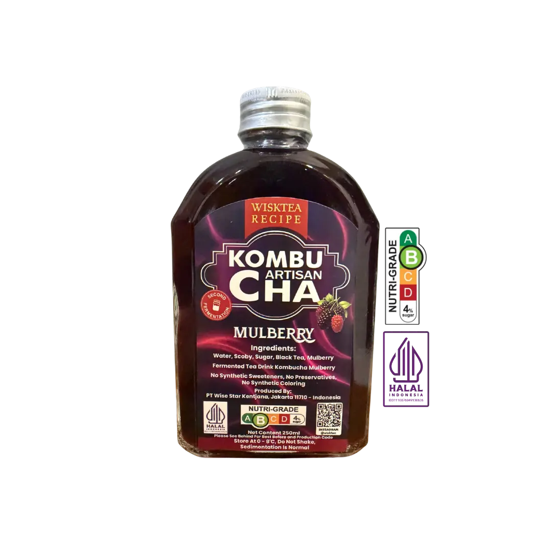 WiskTea Recipe Mulberry Kombucha 250ml sold by Your DNA Matters Singapore, a Halal-certified fermented tea drink with Nutri-Grade B.