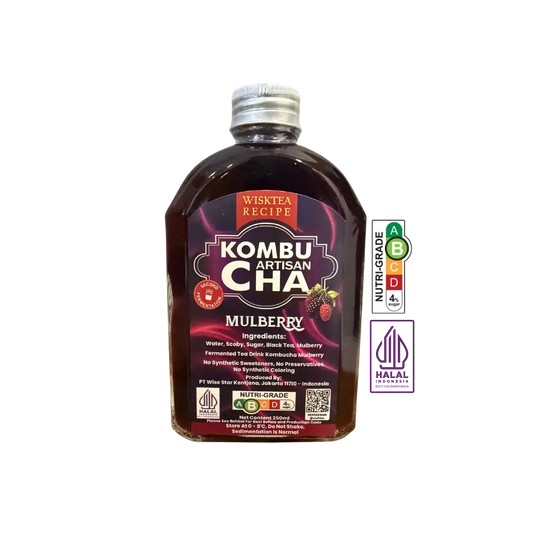 WiskTea Recipe Mulberry Kombucha 250ml sold by Your DNA Matters Singapore, a Halal-certified fermented tea drink with Nutri-Grade B.