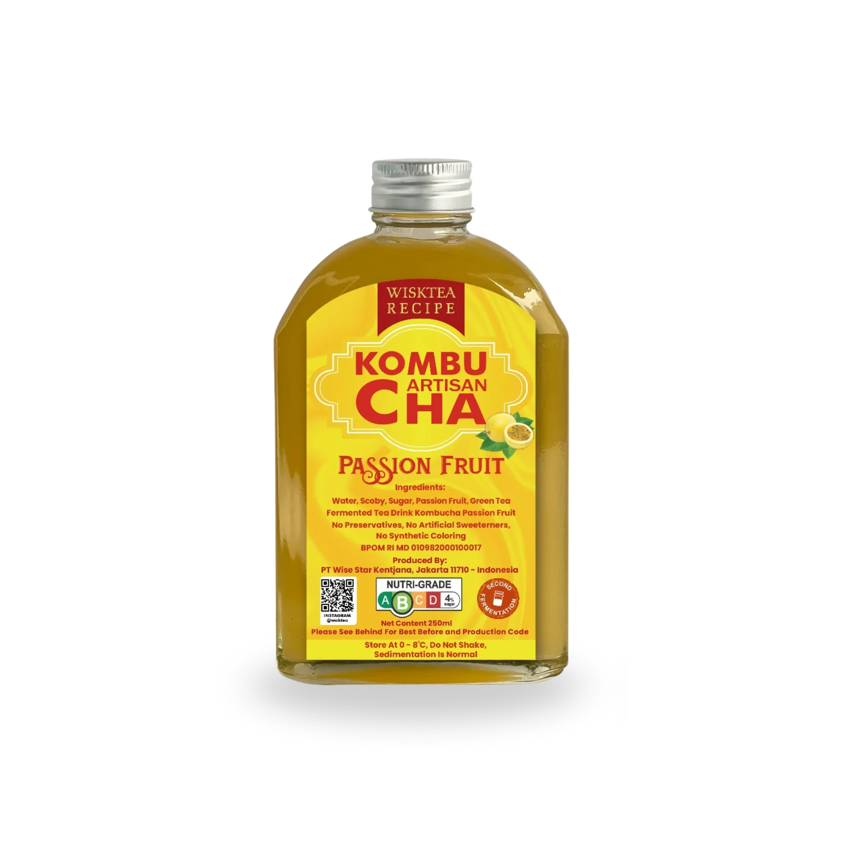 Bottle of Wisktea Recipe Artisan KombuCha Passion Fruit on a white background