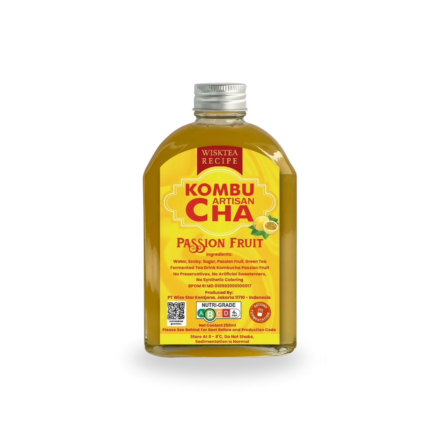 Bottle of Wisktea Recipe Artisan KombuCha Passion Fruit on a white background