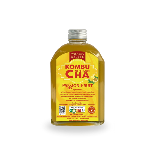 Bottle of Wisktea Recipe Artisan KombuCha Passion Fruit on a white background