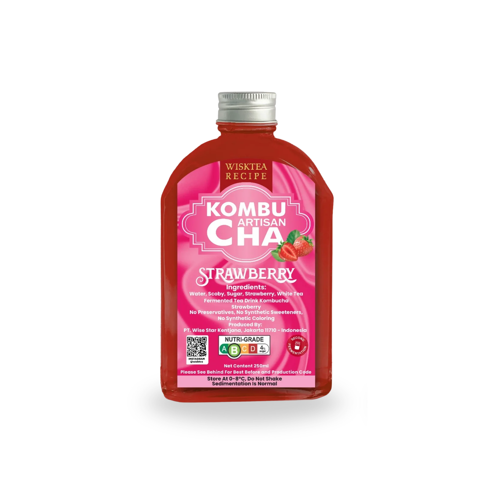 Pink bottle of Wisktea Recipe Artisan KombuCha Strawberry on a white background